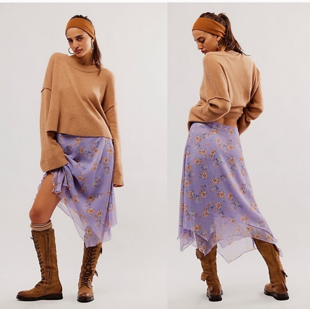 Free People Lavender Floral Asymmetrical Midi Skirt